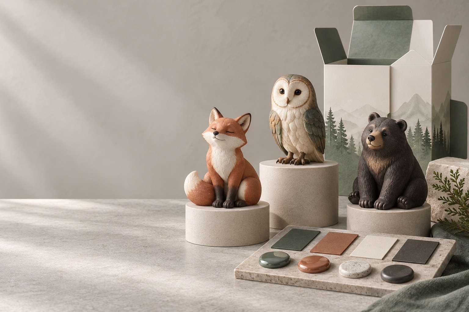 Illustrative resin collectible development concept with finishes and packaging mockup