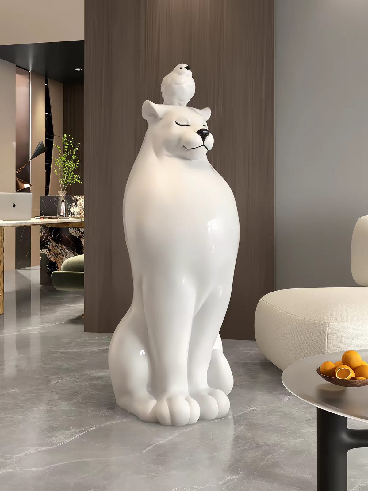 Large resin animal statement decor in a modern interior